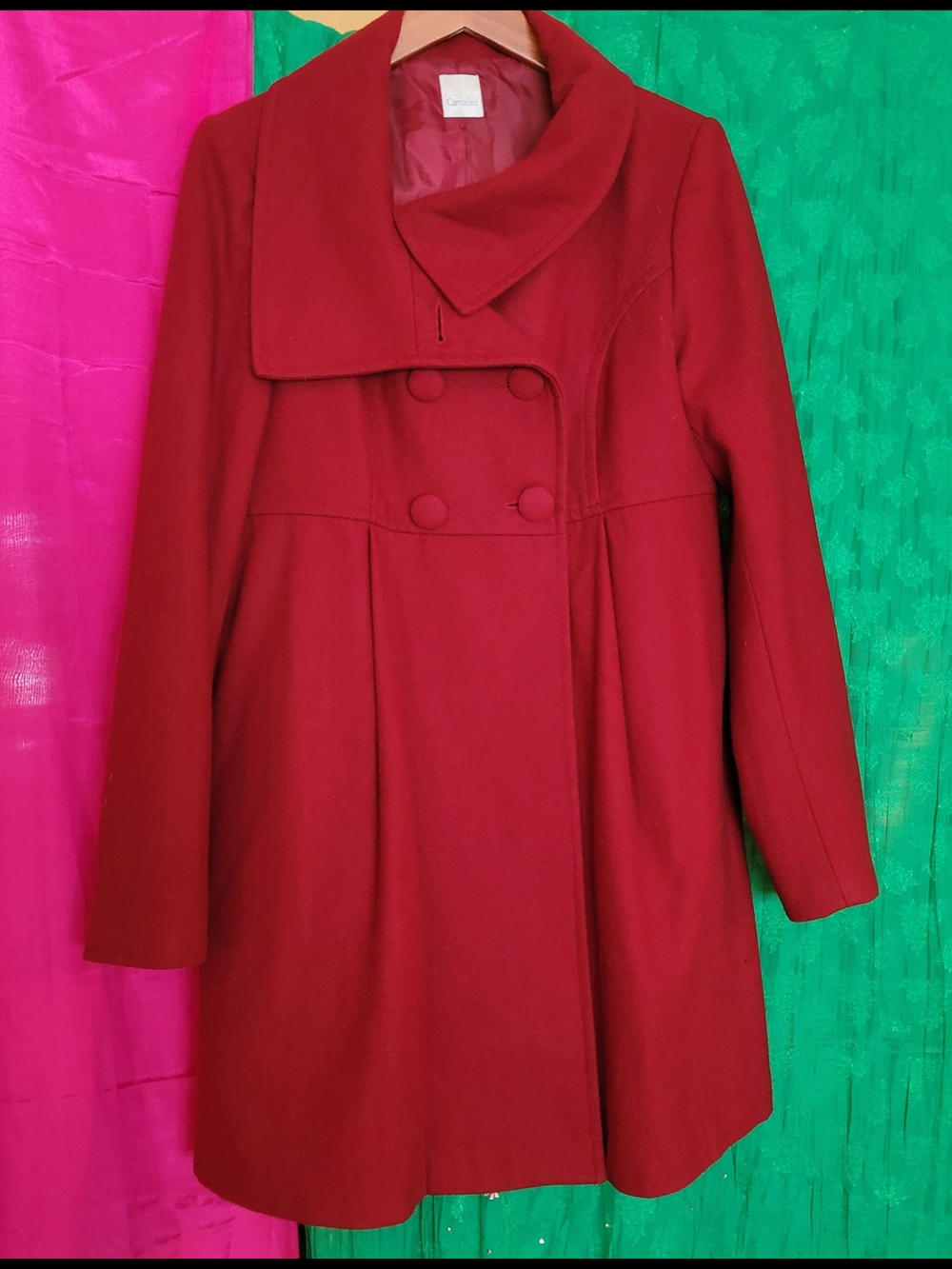 Vintage Camaieu Red Double-Breasted Wool Pea Coat